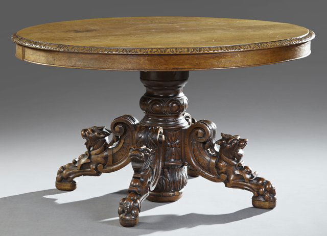 Jacobean Style Carved Oak Oval Dining Table, c. 1880, (1 of 1)