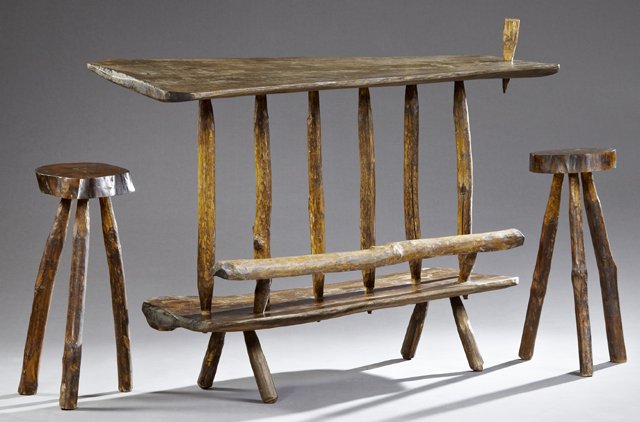 French Provincial Rustic Carved Elm Bar and Two Stools, (1 of 1)