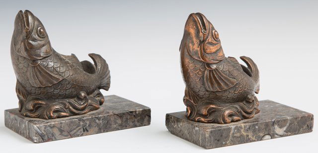 Pair of Copper Plated Spelter and Marble Fish Bookends, (1 of 1)