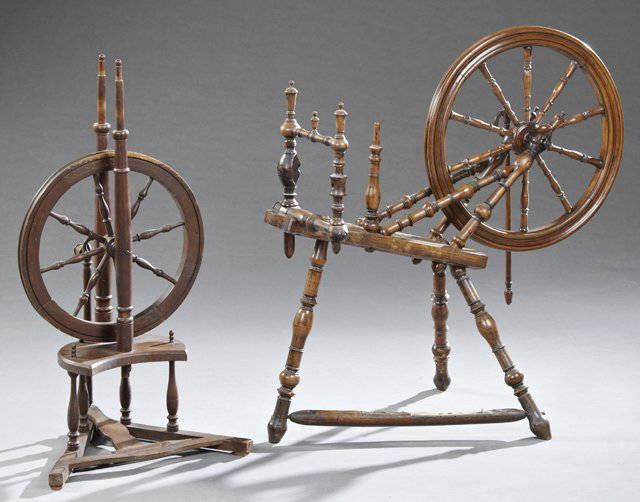 Two French Spinning Wheels, 19th c., one with a foot Jan 16, 2016