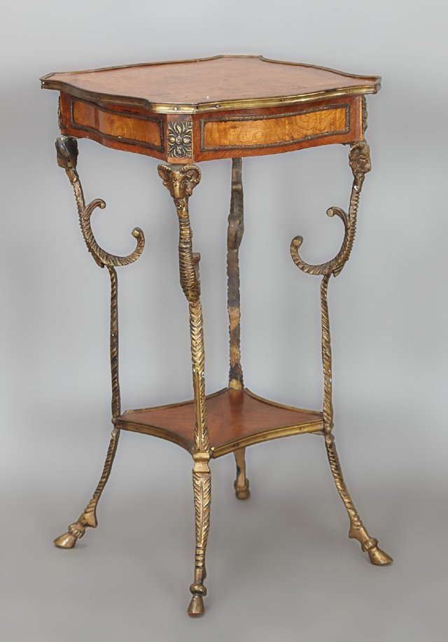 French Gilt-Bronze and Kingwood-Veneered Occasional: French Gilt-Bronze and Kingwood-Veneered Occasional Table, late 20th c., with bronze legs on hoof feet, terminating in ram's heads, H.- 27 1/2 in., W.- 15 in., D.- 15 in.