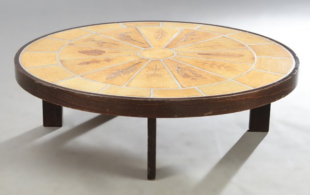 Roger Capron (1922-2006, France), mid century modern: Roger Capron (1922-2006, France), mid century modern coffee table, c. 1970, with a botanical imprinted glazed stoneware inlaid top within a laminated oak edge, on four flat legs, signed in the tile, H