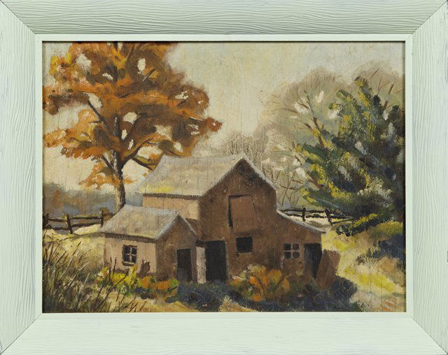 American School, "Barn In Autumn," 20th c., oil on (1 of 1)