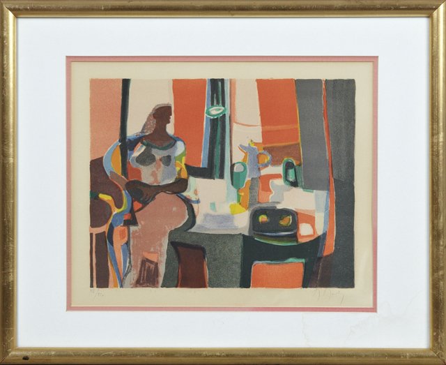 Marcel Mouly (1918-2008), "Nude at a Table," 20th c.,: Marcel Mouly (1918-2008), "Nude at a Table," 20th c., colored print, 188/270, pencil numbered l.l. margin, pencil signed l.r. margin, framed, H.- 12 in., W.- 14 3/4 in.