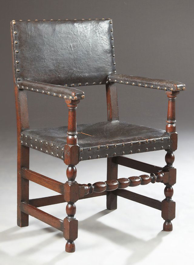 Spanish Oak and Leather-Upholstered Armchair, 19th c., (1 of 1)