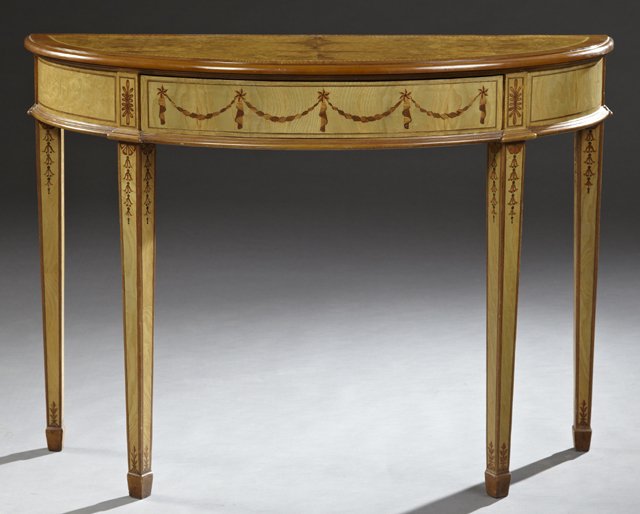 Adams Style Marquetry Inlaid Mahogany Demilune Console, (1 of 2)