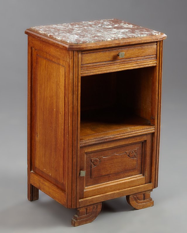 French Art Deco Carved Oak Marble Top Nightstand, early (1 of 3)