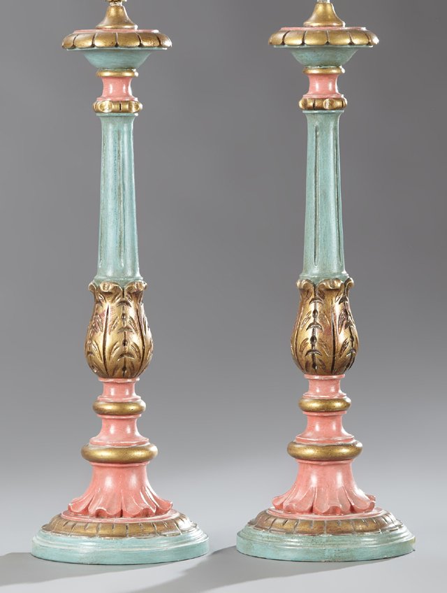Pair of Carved, Paint-Decorated and Parcel-Gilt Lamps, (1 of 1)