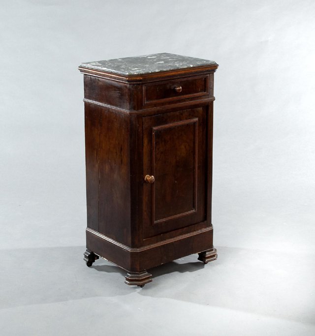 French Louis Philippe Carved Walnut Marble Top: French Louis Philippe Carved Walnut Marble Top Nightstand, 19th c., the inset canted corner highly figured grey marble over a frieze drawer above a cupboard door flanked by chamfered stiles on a plint