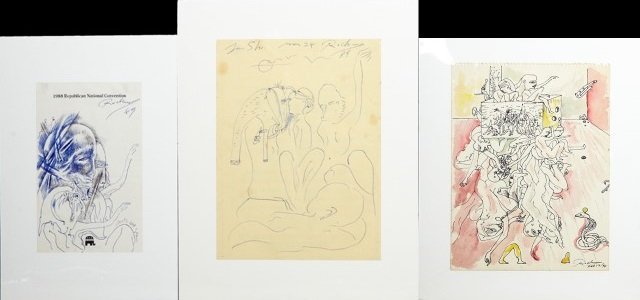 Noel Rockmore (1928-1995), "Idiots Don't See," 1989,: Noel Rockmore (1928-1995), "Idiots Don't See," 1989, pen and ink on 1988 Republican National Convention Program cover, signed and dated upper right, together with "Nudes with Elephant," 1989, pen and 