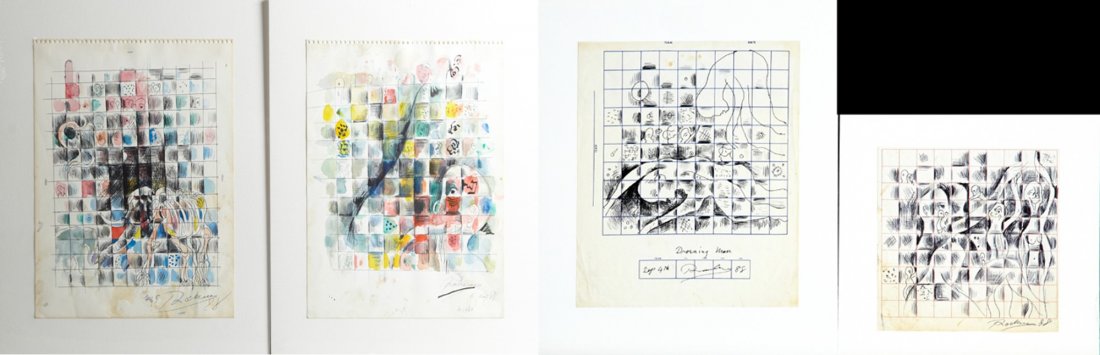 Noel Rockmore (1928-1995), "Drowning Man," and: Noel Rockmore (1928-1995), "Drowning Man," and "Figures," 1988, two grid pen and inks on football pool sheets, shrink wrapped, together with, "Head," and "Elephant," 1988, two ink and watercolors, sig