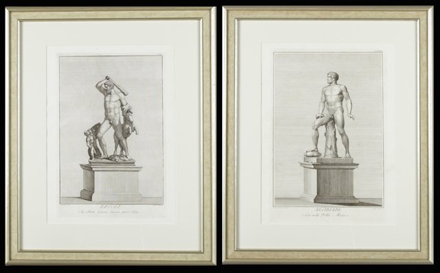 Luigi Cunego (1757-1823), "Alcibiade," and Francesco: Luigi Cunego (1757-1823), "Alcibiade," and Francesco Pozzi (1779-1844), "Ercole," 18th c., pair of black and white copper engravings of classical statuary, designed by Dolcibene, presented in gilt fra
