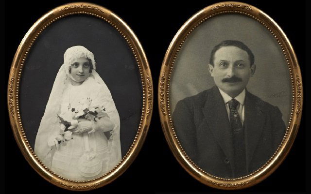 Pair of Vintage French Portrait Photographs, c. 1934,: Pair of Vintage French Portrait Photographs, c. 1934, signed M. Labouchel, of a bride and groom, presented in oval gilt frames with beaded liners, H.- 15 in., W.- 10 7/8 in.