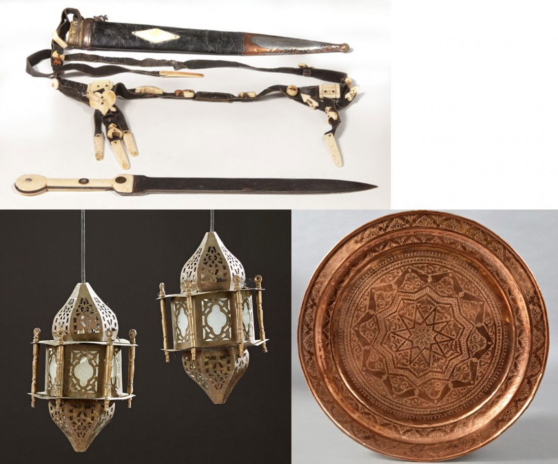 Group of Four Moroccan Items, 20th c., consisting of a: Group of Four Moroccan Items, 20th c., consisting of a pair of pierced brass hexagonal hanging lanterns, a dagger with a leather sheath and a bone handle, and a large copper tray with incised decorati