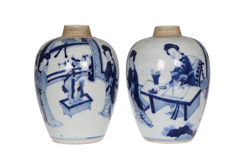 A pair of Chinese blue and white porcelain canister: A pair of Chinese blue and white porcelain canister vases, each ovoid body painted in Kangxi style with female figures, each bears blue Artemisia leaf mark. 14.5cm