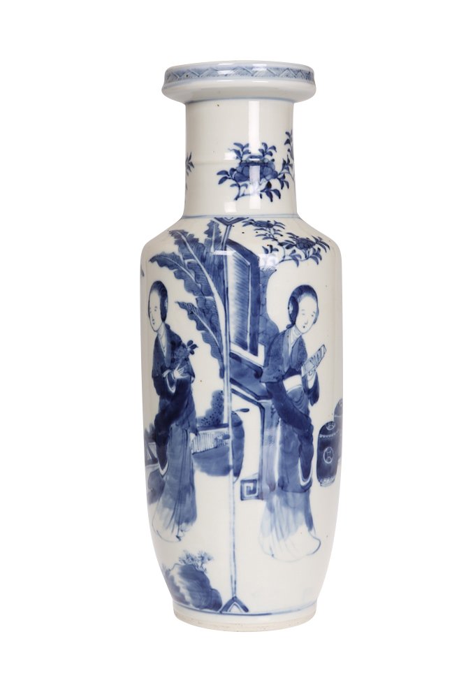 A Chinese blue and white vase: A Chinese blue and white vase, of shouldered ovoid form, blue painted in Kangxi style with four Long Eliza figures within panels, undercut foot, bears four character Kangxi mark to base. 30.5cm