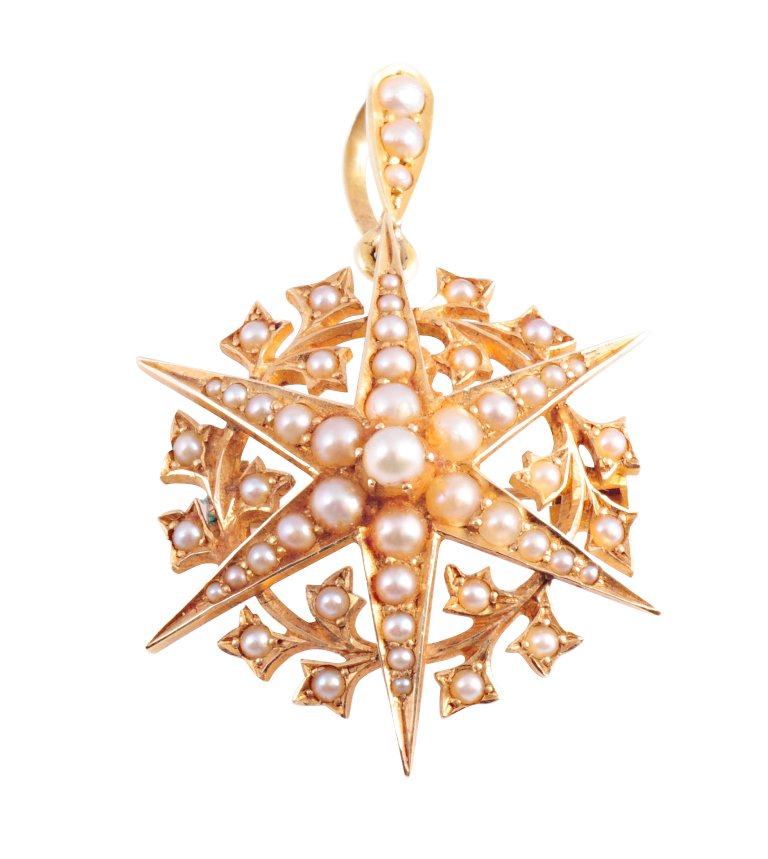 A Victorian seed pearl star pendant brooch: A Victorian seed pearl star pendant brooch, set to the centre of the six point star mount with a six claw set seed pearl, each star point set with five graduating claw set seed pearls, all set to the 
