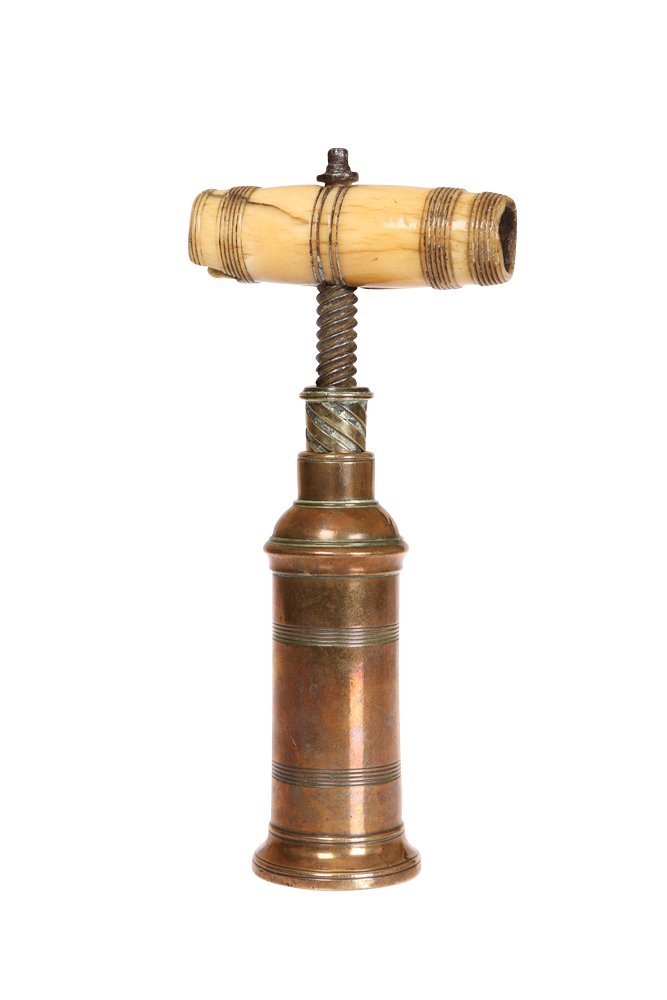 A 19th Century brass corkscrew: A 19th Century brass corkscrew, of Thomason type, with double action and turned bone handle (lacking brush).