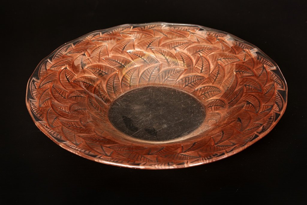 ''Ormeaux'', a Lalique bowl (coupe ouverte): ''Ormeaux'', a Lalique bowl (coupe ouverte), moulded verso with bands of leaves and heightened with sepia staining, etched R. LALIQUE FRANCE. 33cm