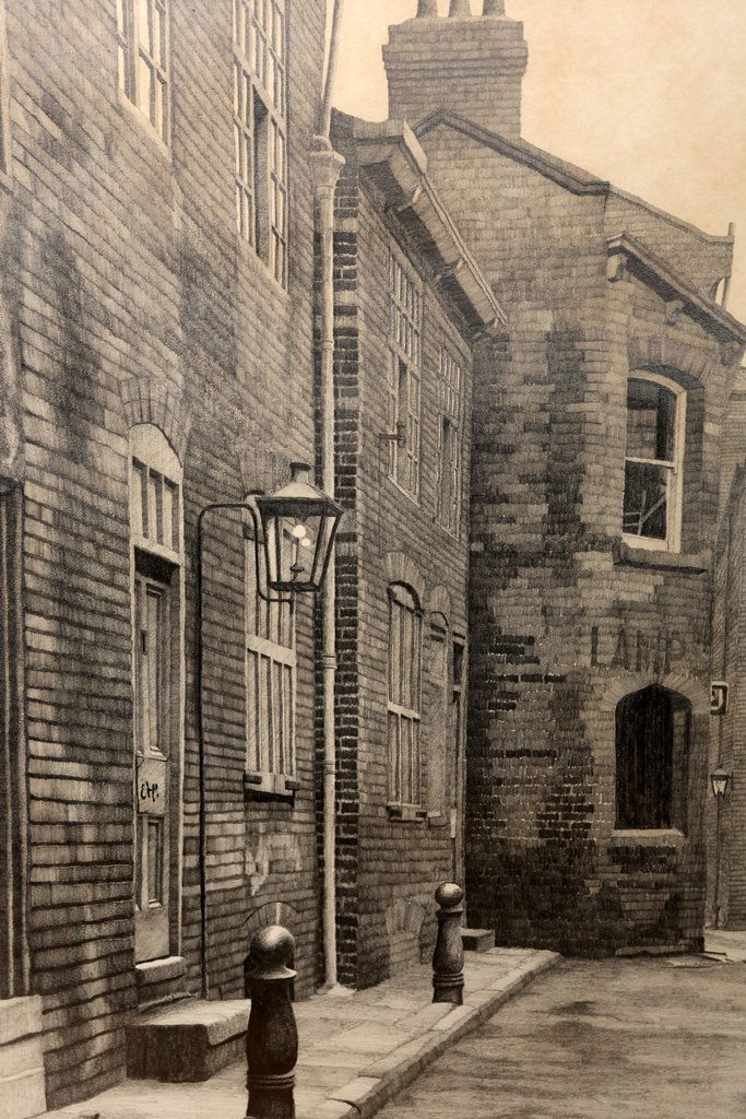 Stuart Walton (b. 1934), Northern street scene: Stuart Walton (b. 1934), Northern street scene, a building with the sign LAMP, signed lower, signed and dated '76 lower right, pencil drawing, framed. 44.5cm by 29.5cm This lot may be subject to ARR.