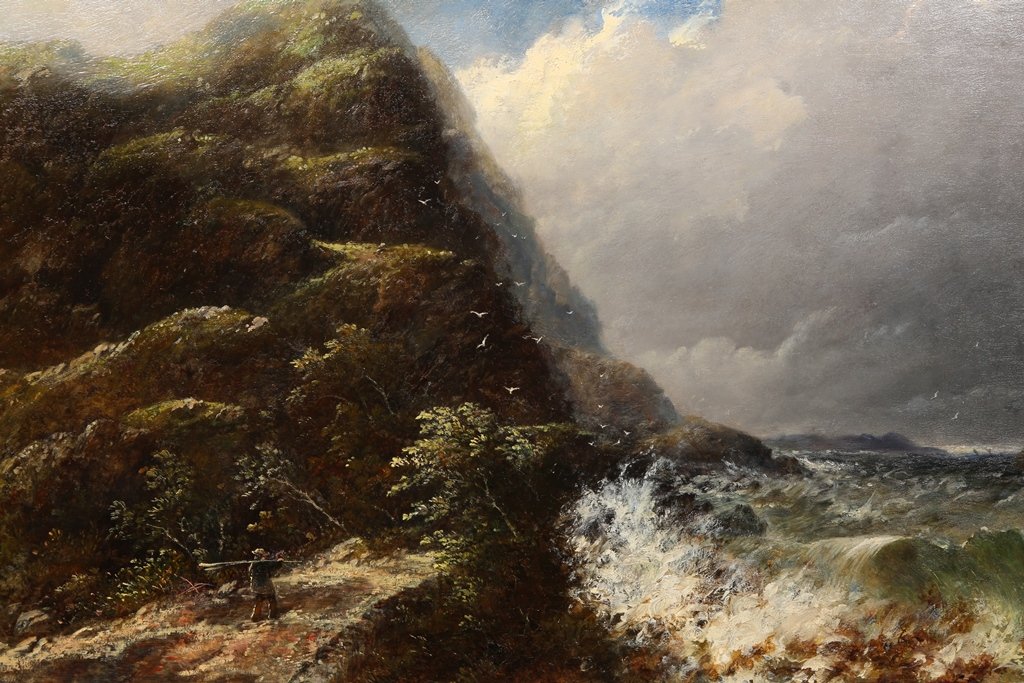 J*** C*** Ward, Man walking along a coastal path with: J*** C*** Ward, Man walking along a coastal path with waves crashing, signed and indistinctly dated (probably 1871), oil on canvas, framed. 44.5cm by 59.5cm