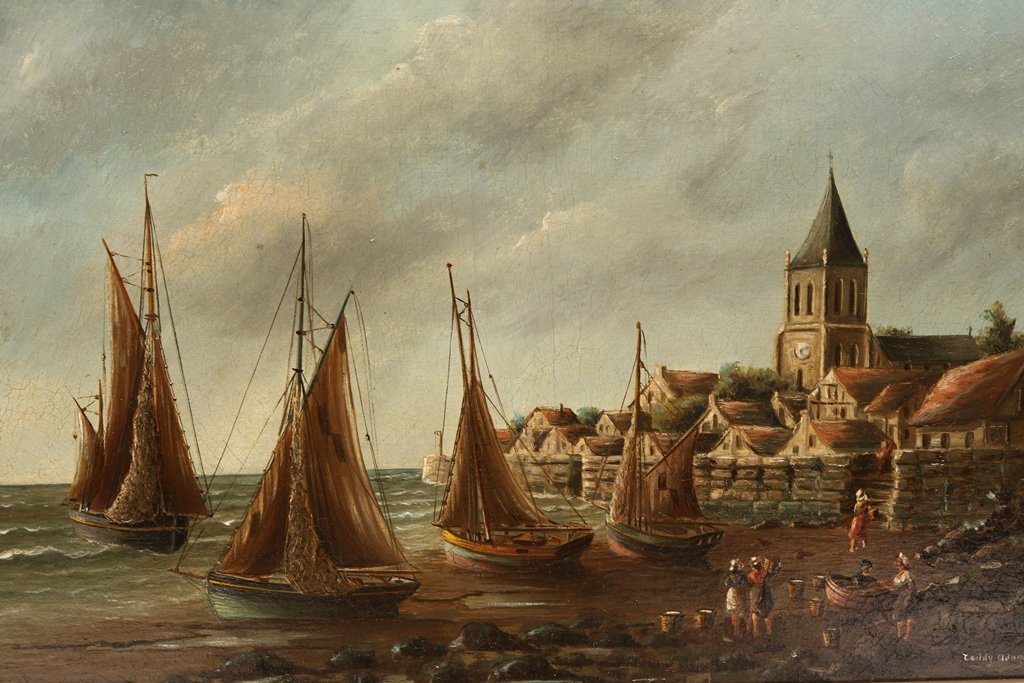 Teddy Adams, Moored boats and figures carrying the: Teddy Adams, Moored boats and figures carrying the catch, signed and dated 1928 lower right, oil on canvas, framed. 37cm by 54cm