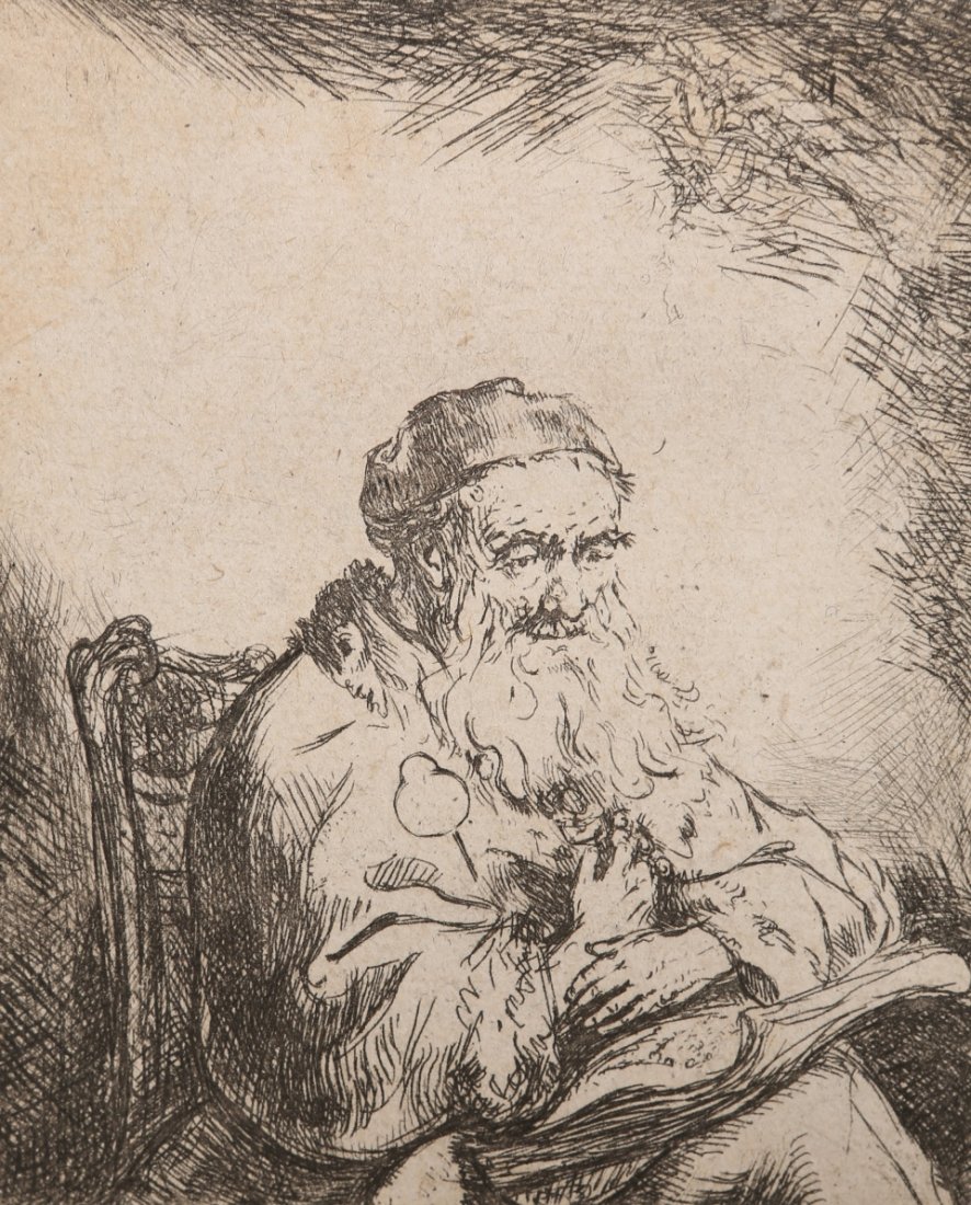 Ferdinand Bol (Dutch, 1616-1680): Ferdinand Bol (Dutch, 1616-1680), Old man with leaf of trefoil, etching, unframed. 8.5cm by 7cm