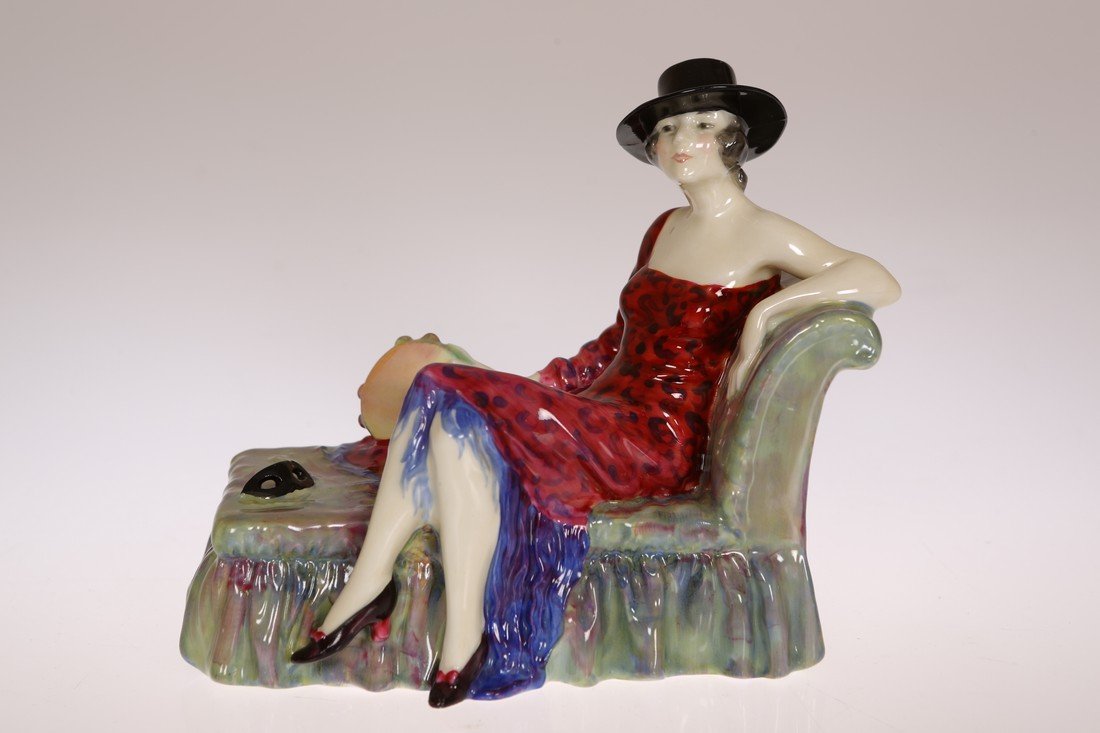 A ROYAL DOULTON FIGURE, ''DULCINEA'', HN 1343, green: A ROYAL DOULTON FIGURE, ''DULCINEA'', HN 1343, green printed lion, crown and wheel mark, painted inscription Dulcinea/ HN. 1343/ Potted by Doulton & Co. 18.5cm high