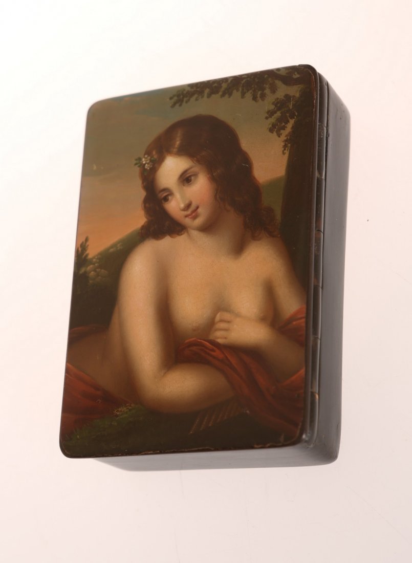 A GERMAN PAPIER-MACHE SNUFF BOX BY MEYER & WRIED, POST: A GERMAN PAPIER-MACHE SNUFF BOX BY MEYER & WRIED, POST 1832, rectangular, the cover painted with a portrait of a semi nude maiden titled Phyllis, marked Stobwasser's Nachfolger Meyer & Wried in Brauns