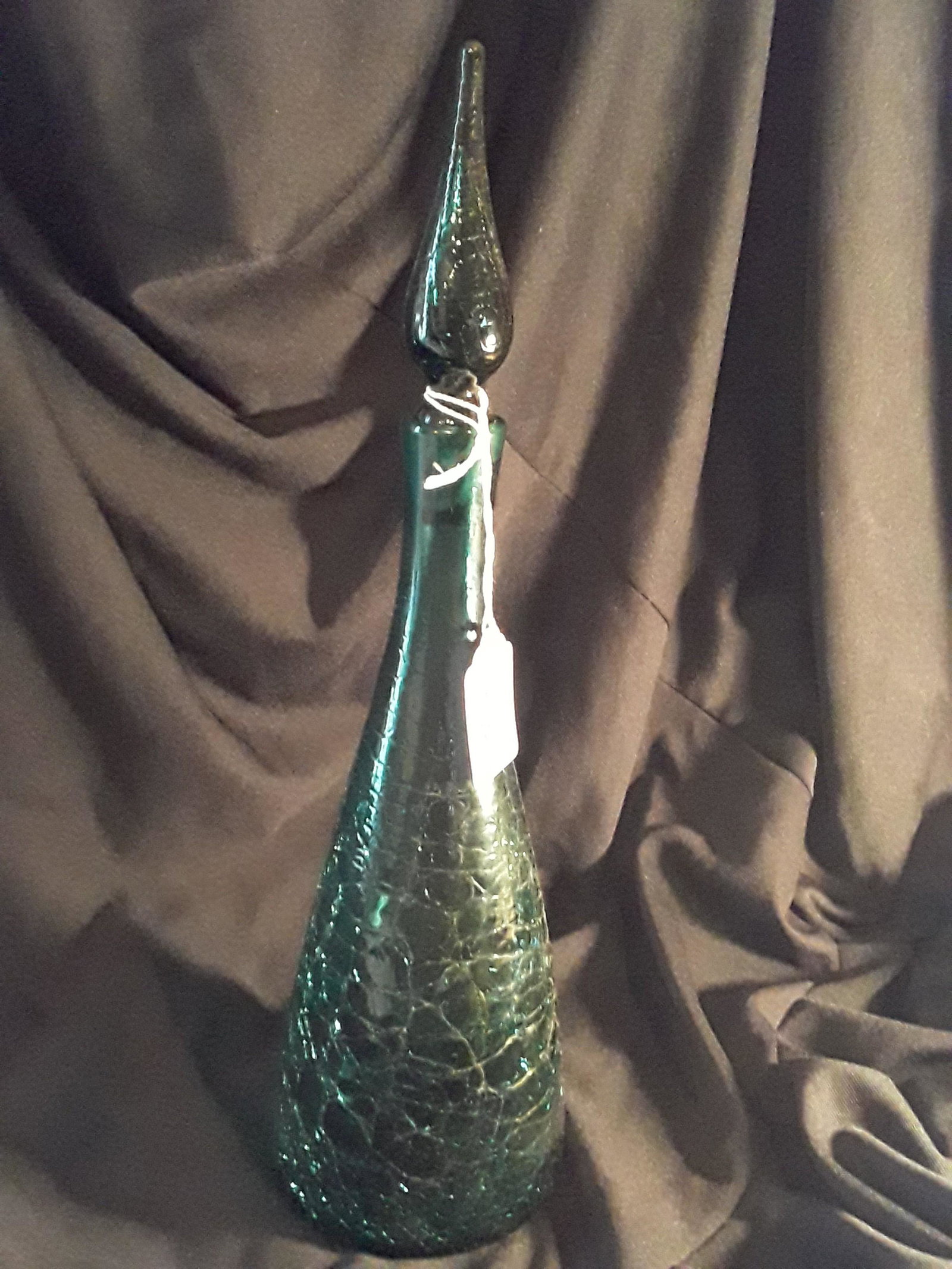 Blenko glass decanter.: Blenko glass hand blown decanter w/stopper, crackle glass w/stopper. 16-1/2" x 4-1/2"