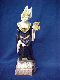 Volkstedt Early Classical German porcelain figurin: Volkstedt Early Classical German porcelain figurine. Wonderful figurine w/tall hat holding a jewely box & standing on a marbleized painted base. Very tall and mint condition. Marked on base. Better th