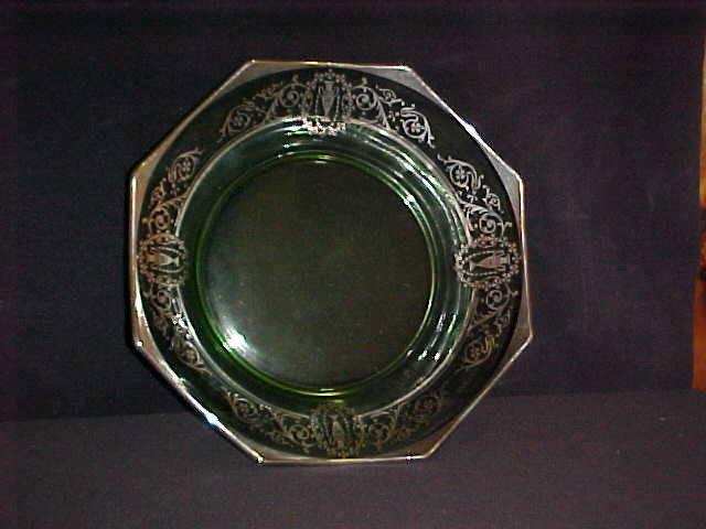 Octagon green glass Sterling silver overlay tray.: Octagon green glass Sterling silver overlay tray. Possible cambridge/depression glass tray with sterling silver overlay & signed sterling. Good condition. Measures 12".