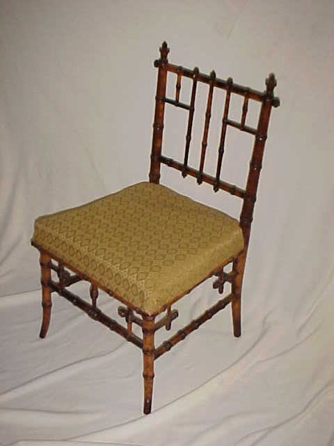 Late 1800's Victorian era bamboo side chair origin: Late 1800's Victorian era bamboo side chair original patina to the finish. Cain bottom needs replacment. One piece of trim underneath the left side of seat on bottom missing. Beautiful bamboo chair wi