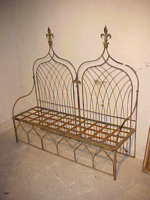 5' tall iron bench settee French style garden seat: 5' tall iron bench settee French style garden seat. Wonderful bench has surface rust which can be cleaned. No damage or repairs. No cushion. Measures 5'tall x 5'-2" x 20"deep. Seat from floor 15".