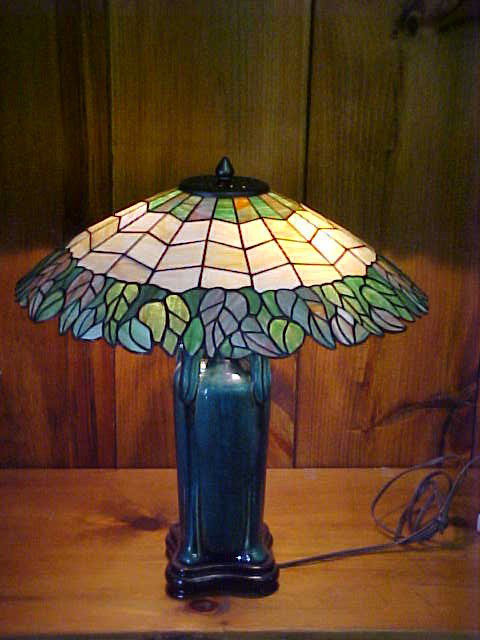 Med. Tiffany Style Leaded Glass Lamp : Quality Reproduction Med. Tiffany Style Leaded Glass Lamp w/pottery base. Measures 19 1/2" x 21"high