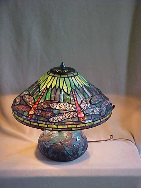Med. Dragonfly Design Tiffany Style Lamp: Med. Dragonfly Design Quality Reproduction Tiffany Style Leaded Glass Lamp w/ Bronze & Leaded Glass Base Measures 16 1/2" x 14"high