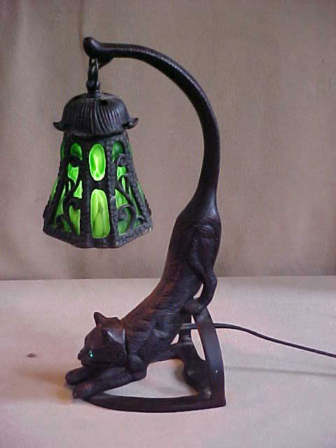 Sm. Tiffany Style Lamp w/ Bronze Cat Base: Sm. Quality Reproduction Tiffany Style Leaded Glass Lamp w/ Bronze Cat Base Measures 5 1/2" x 7" x 16"high