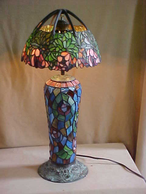 Tall Tiffany Style Leaded Glass Lamp : Tall Quality Reproduction Tiffany Style Leaded Glass & Bronze Lamp w/ Leaded Glass/Bronze Base Measures 13" x 27 1/2"high