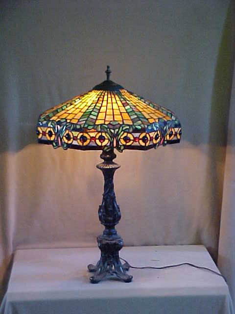 Lg. Tiffany Style Leaded Glass Lamp: Lg. Tiffany Style Leaded Glass Lamp w/ Bronze Base Quality Reproducton Measures 19 1/2" x 28"high