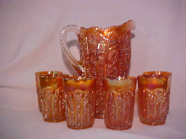 Imperial Octagon marigold water set pitcher & 6 t: Imperial Octagon marigold water set pitcher & 6 tumblers. Pitcher measures 10"tall x 5-1/2"wide & (6) cups 4-1/2"tall x 3"wide.
