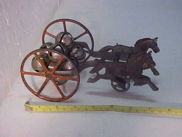 Victorian cast iron horse team pulling cart w/bells: Victorian cast iron horse team pulling cart w/bells. Original paint, normal paint wear from age & usage.