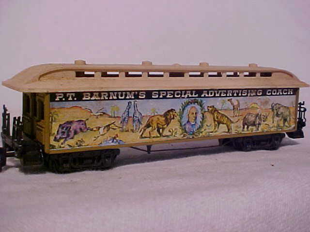 P.T. Barnum's special advertising model train car: P.T. Barnum's special advertising model train car. HO scale. Made in Italy. Measures 2 1/4"H x 1 1/2"W x 6 3/4"L
