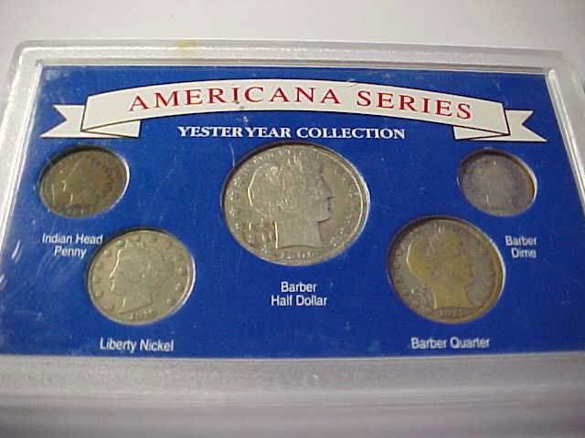 American Series Yesteryear collection in case. 5 co: American Series Yesteryear collection in case. 5 coins. 1906 Barber half dollar, 1911 Barber quarter, 1910 Liberty nickel, 1901 Barber dime & 1894 Indian head penny.