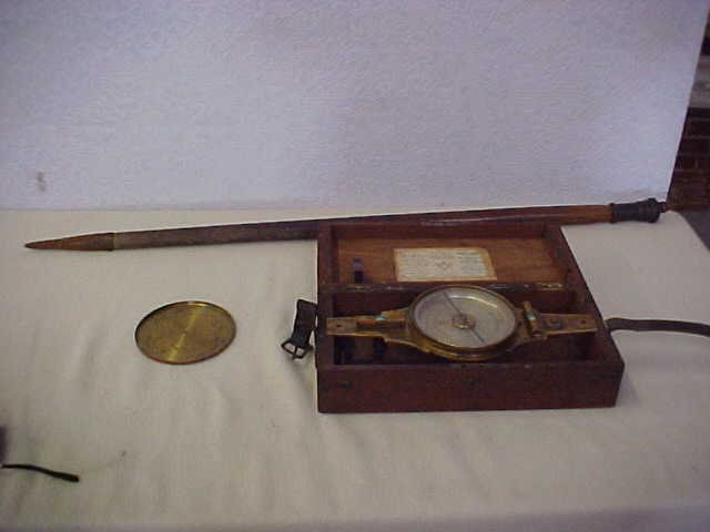 Early Jas. W. Queen & Co. brass compass w/case&sta: Early Jas. W. Queen & Co. brass compass w/case & stand. Signed W & L E Gurley Troy NY. Contains compass, lid, brackets, case with leather strap, and stand. Stand measures 49"L, Compass measures 15" x 