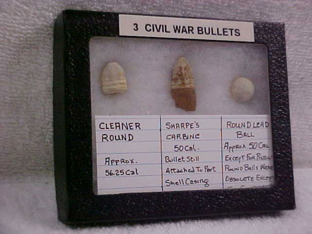 Lot of 3 Civil War bullets: Lot of 3 Civil War bullets. Sharpes w/part shell, cleaner, and 50 cal. round ball