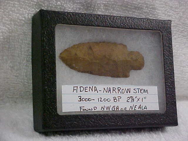 2 7/8" x 1" Adena-narrow stem 3000-1200 BP: 2 7/8" x 1" Adena-narrow stem 3000-1200 BP. NW Georgia or NE Alabama