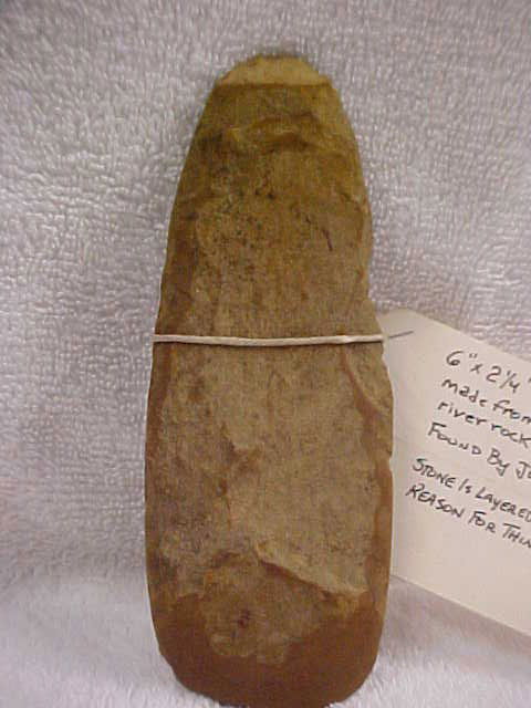 6" x 2 1/4" x 1/2" thick celt: 6" x 2 1/4" x 1/2" thick celt. May be layered shale. Chipped out. From Georgia