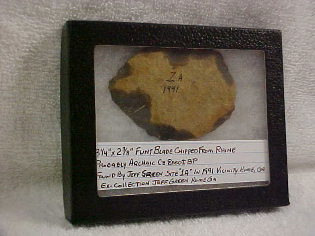 3 1/4" x 2 3/8" oval flint blade - 8000 +/- BP: 3 1/4" x 2 3/8" oval flint blade - 8000 +/- BP. From vicinity of Rome GA