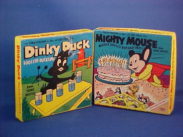 Pair of early Terrytoons films with original box: Pair of early Terrytoons films with original box. "Mighty Mouse - Mother Goose's Birthday Party" 519 and "Dinky Duck - Foolish Duckling" 520. Both copyrighted 1962. Each box measures 4" square