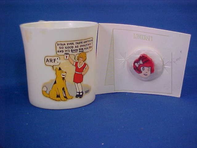 Lot of Orphan Annie pin and cup: Lot of Orphan Annie pin and cup. Pin measures 1-1/4"W. Cup measures 3"H x 3"W